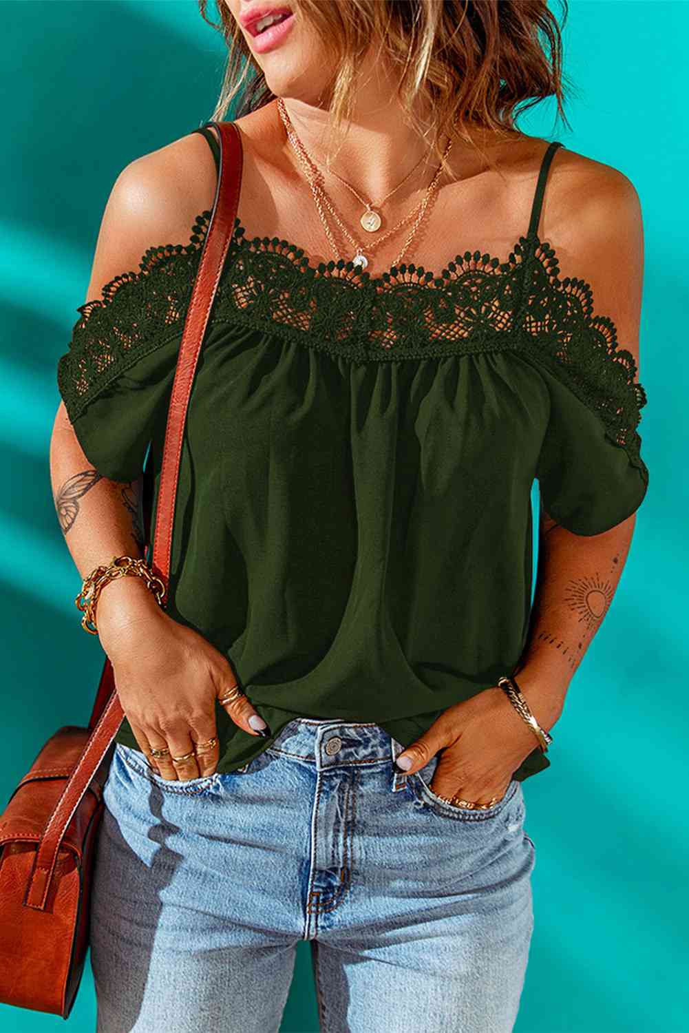 Spaghetti Strap Cold-Shoulder Lace Trim Blouse