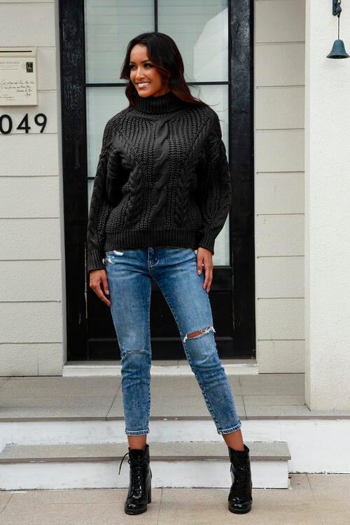 Cable-Knit Turtleneck Long Sleeve Sweater