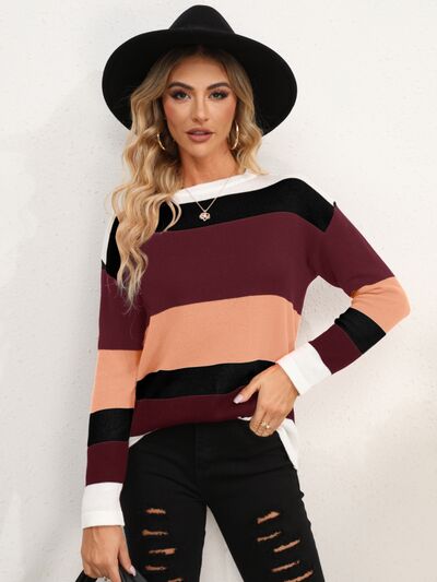 Striped Round Neck Dropped Shoulder Sweater