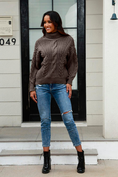 Cable-Knit Turtleneck Long Sleeve Sweater