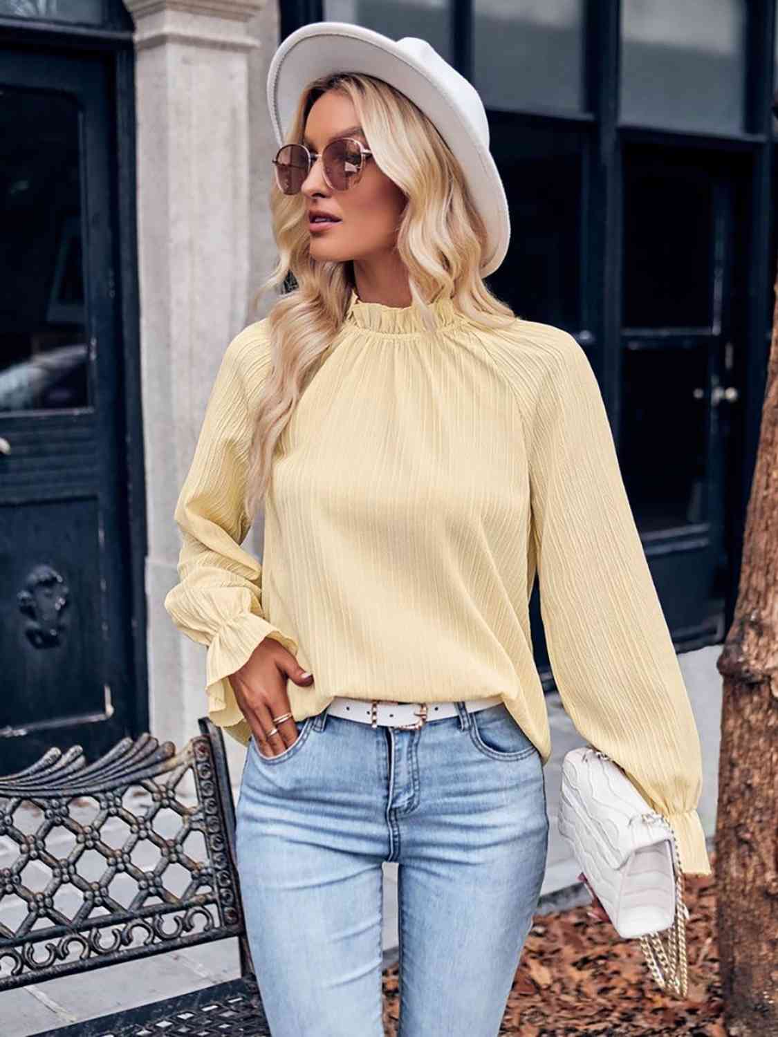 Mock Neck Flounce Sleeve Blouse